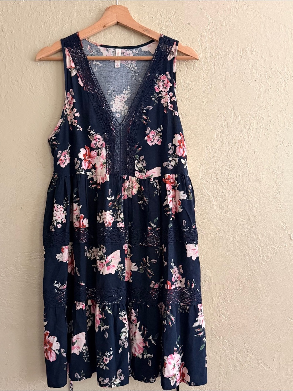 Xhilaration Navy Floral V-Neck Midi Dress with Pink Blossoms